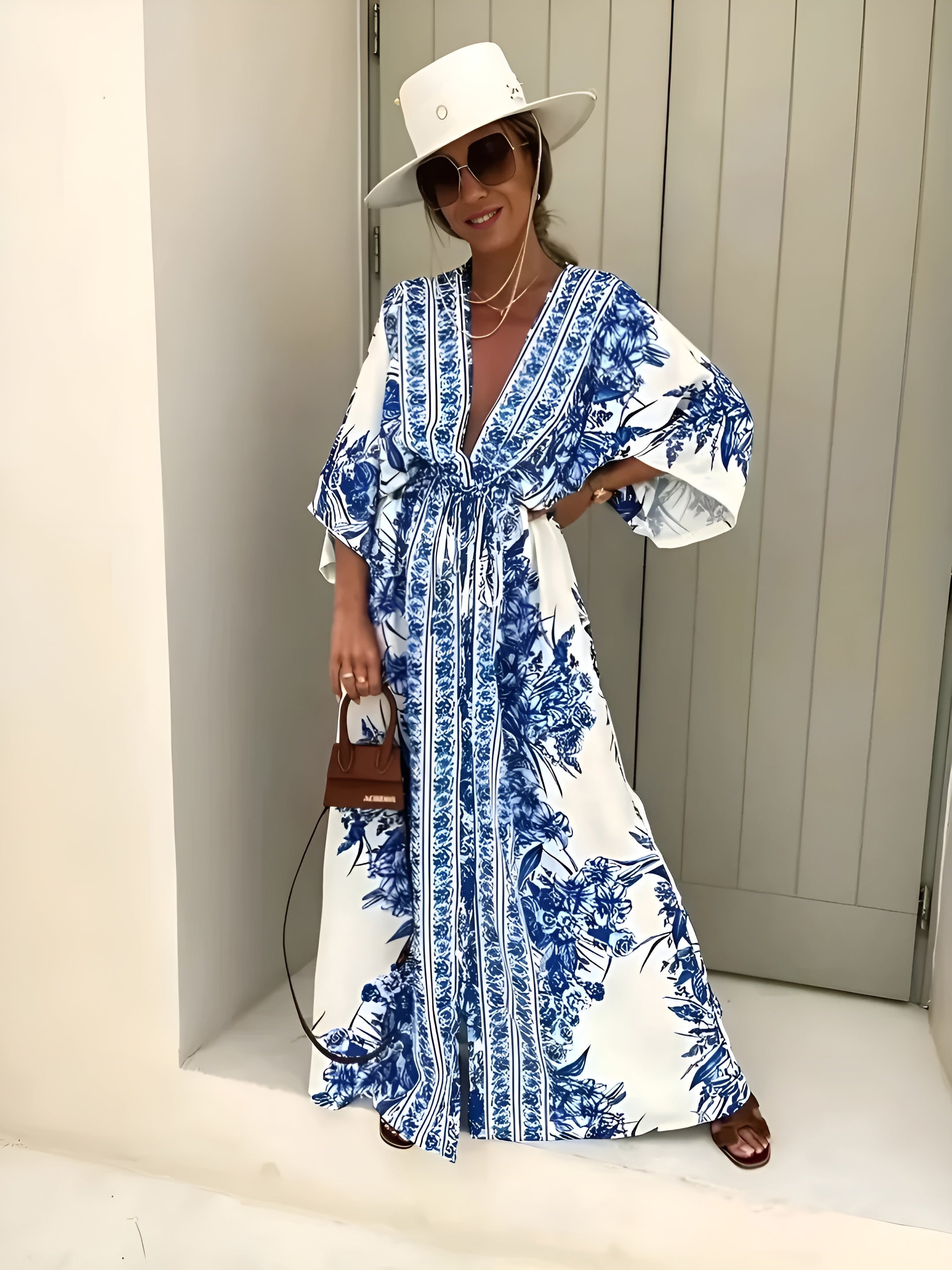 Bohemian V-Neck Maxi Dress – Women’s Flowing Bell Sleeve Style