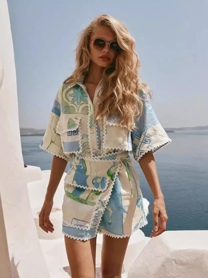 Women’s Boho Patchwork Two-Piece Set with Top and Shorts