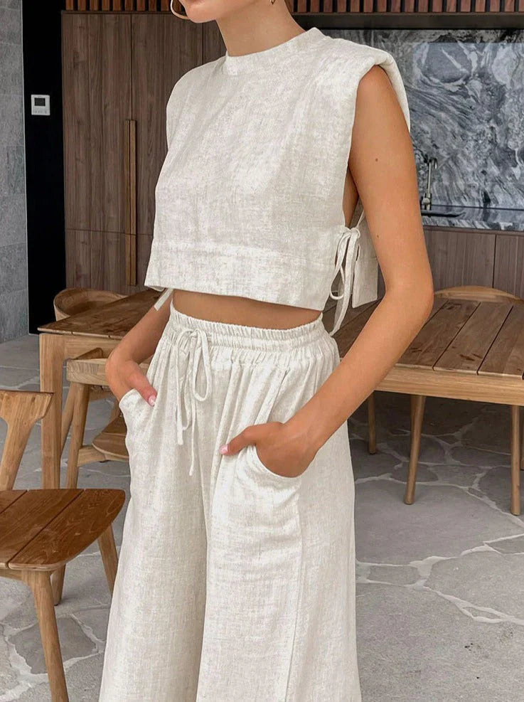 Linen Blend Shirt and Shorts Set for Women