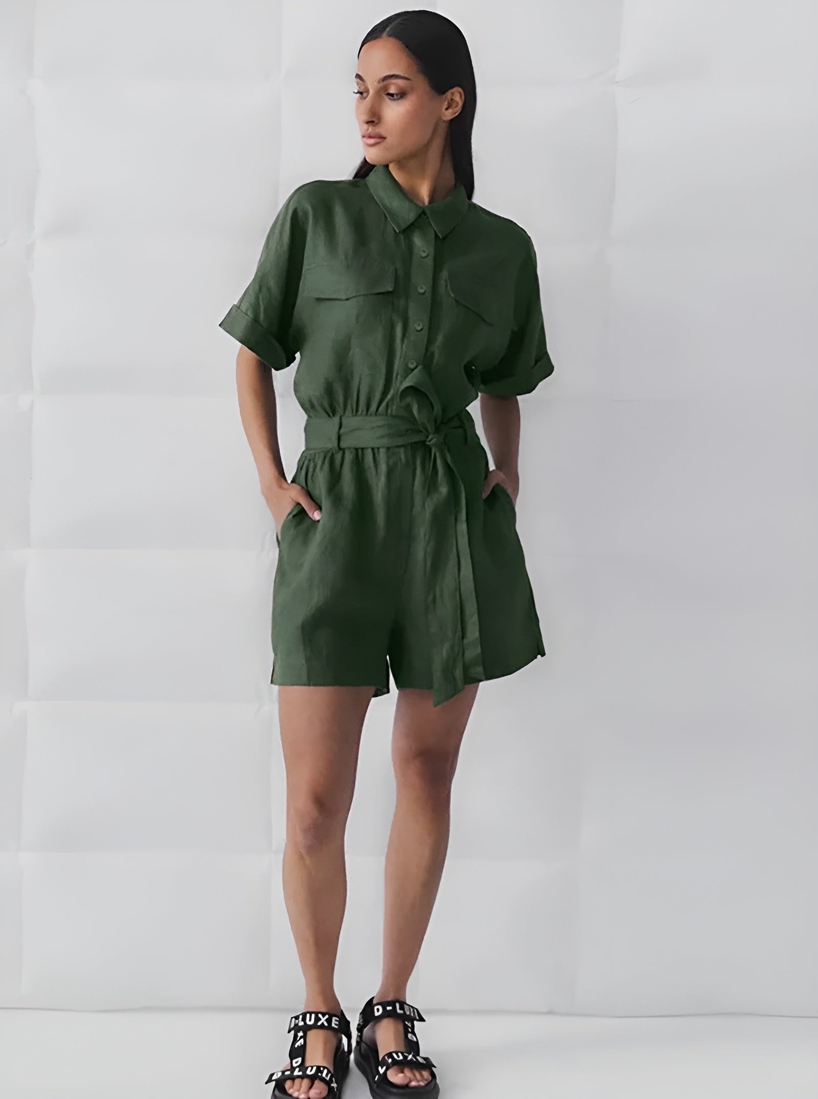 Short Sleeve Button-Front Jumpsuit With Waist Tie